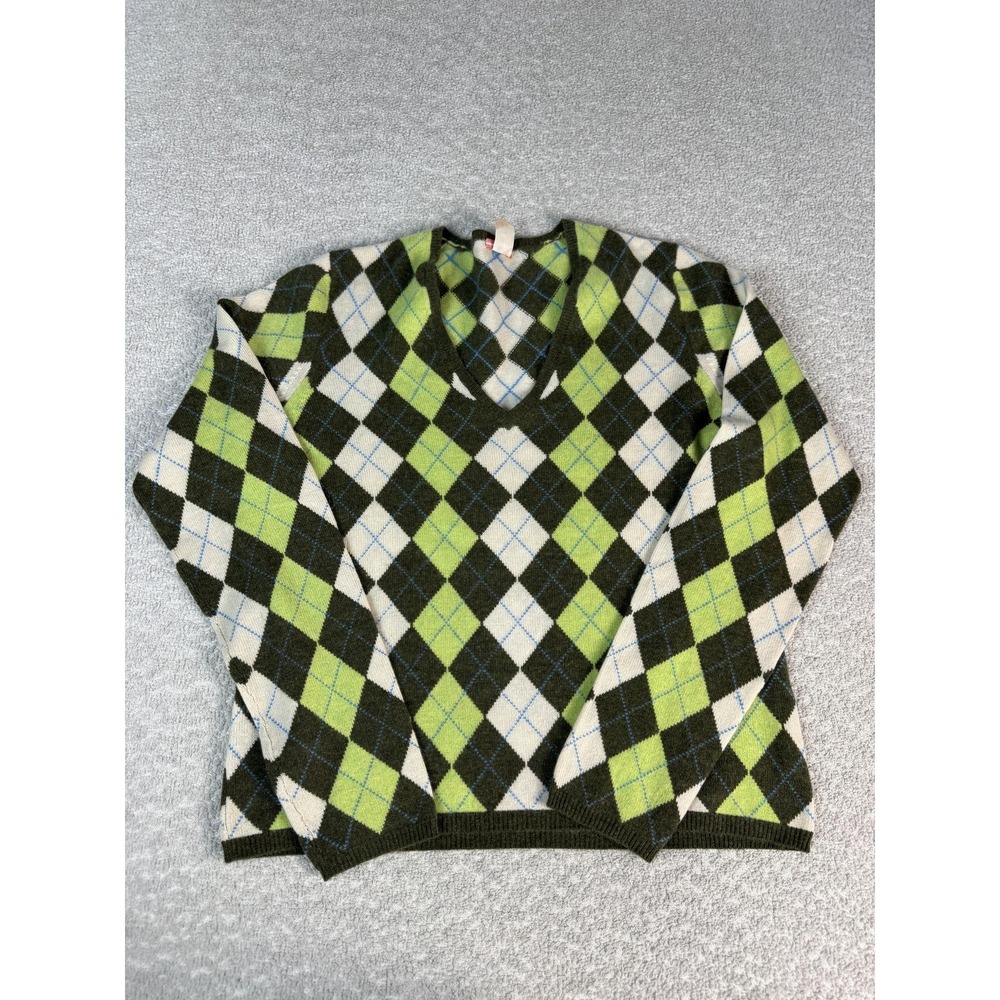 J.Crew Sweater Womens Large Green 100% Cashmere V Neck Argyle Knit Pullover